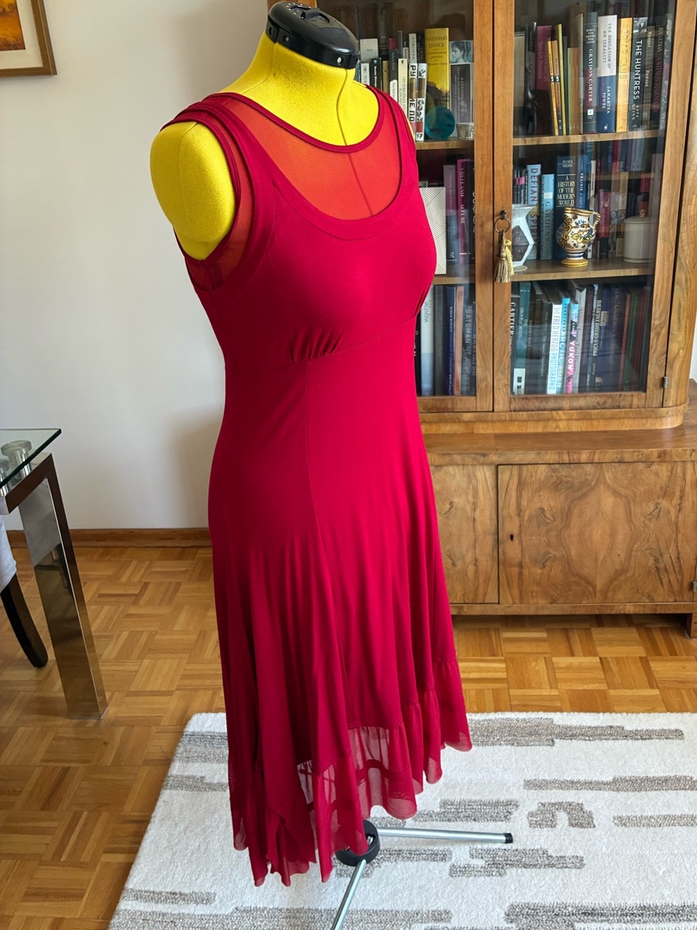 NWOT Red Sleeveless Midi Dress with Sheer Yoke
